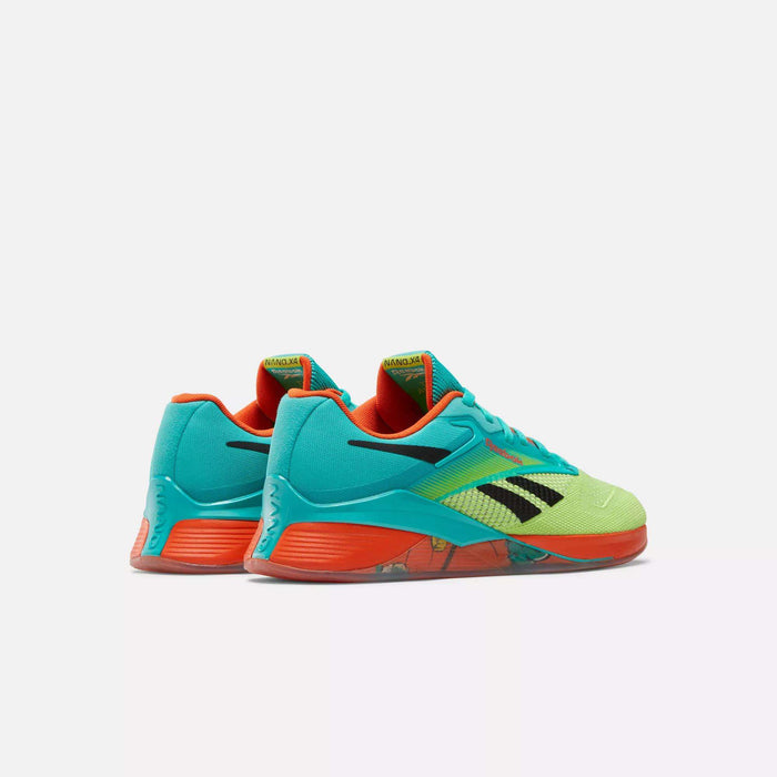 A pair of Nano X4 Training Shoes by Reebok featuring teal sides, neon green mesh uppers, orange soles and accents, plus black Reebok logos, displayed on a plain white background.