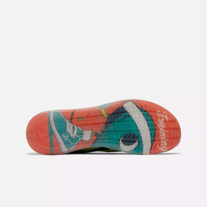 The image displays the sole of Reebok Nano X4 Training Shoes, featuring a lightweight design with a teal and orange shoe graphic and the word "Everywhere" in white script on a textured, translucent sole.