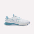 The Reebok Nano X5 Edge Training Shoes are white with light blue accents on the sole, heel, and tongue, shown from the side against a plain white background.