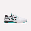 Reebok Nano X5 Edge Training Shoes in white with black and teal accents, a black Reebok logo, and detailed heel and sole—precision athletic footwear designed for high-performance workouts, displayed on a plain white background.