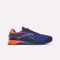 The Reebok Nano X5 Edge Training Shoes feature a navy blue upper, black sole, vibrant blue highlights, and red-orange heel and collar details. Made with Flexweave material for durability—ideal precision training shoes. Shown on a plain white background.
