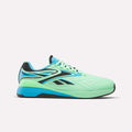 The Reebok Nano X5 Edge Training Shoes feature neon green and blue colors with black accents, Flexweave technology, and are displayed in a side profile on a plain white background.