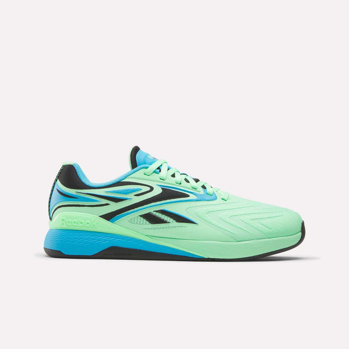 The Reebok Nano X5 Edge Training Shoes feature neon green and blue colors with black accents, Flexweave technology, and are displayed in a side profile on a plain white background.