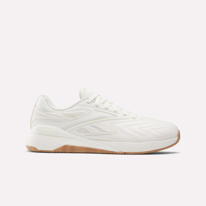 The Reebok Nano X5 Edge Training Shoes feature a white textured upper, white laces, and a light brown rubber sole, designed for performance training and displayed in a side profile on a plain white background.