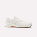 The Reebok Nano X5 Edge Training Shoes feature a white textured upper, white laces, and a light brown rubber sole, designed for performance training and displayed in a side profile on a plain white background.