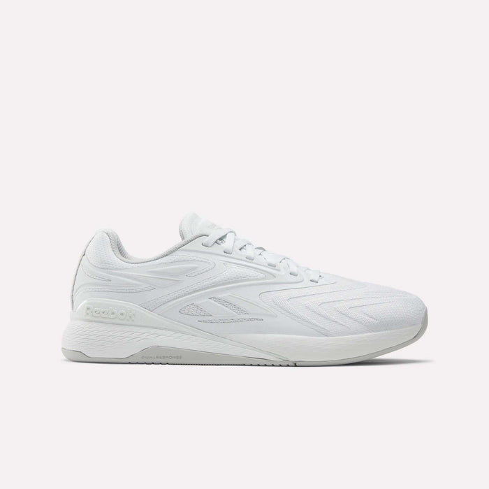 A side view of the Reebok Nano X5 Edge Training Shoes in white, featuring a Flexweave upper, lace-up closure, and flat rubber sole against a plain white background—ideal for precision training shoe enthusiasts.