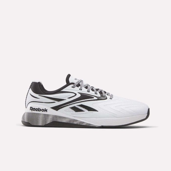 The Reebok Nano X5 Edge Training Shoes feature a white and black design with a black sole, black and gray laces, and Reebok logos on the side and heel. Engineered for peak performance, they're displayed on a plain white background.