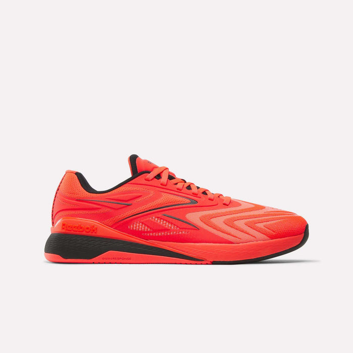 A vibrant red Reebok Nano X5 Edge Training Shoe with black accents is displayed from a side angle on a plain white background. The shoe showcases dynamic wavy patterns and a black sole, making it an excellent option for performance-focused training sessions.