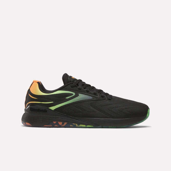 The Reebok Nano X5 Edge Training Shoes feature a black Flexweave upper with green and orange gradient accents on the heel and upper, plus a multicolored green-orange patterned sole, displayed against a plain white background.