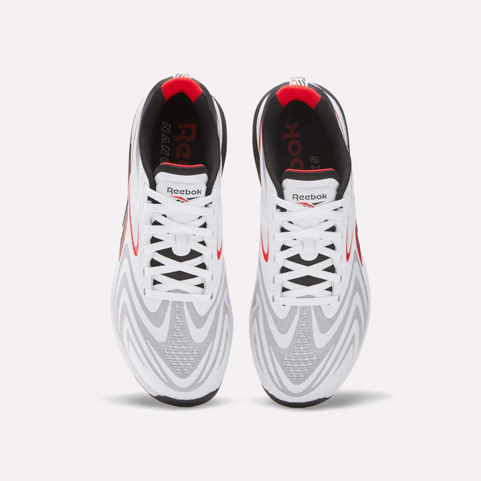 The Reebok Nano X5 Edge Training Shoes are white with red and gray accents, shown from above. They feature Flexweave uppers, white laces, and black soles—combining style and durability for every workout.