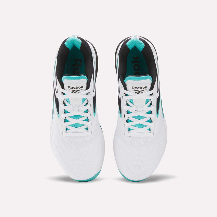 Top view of Reebok Nano X5 Edge Training Shoes in white with teal and black accents, featuring the Reebok logo on the tongue. Placed side by side—perfect for high-performance workouts.