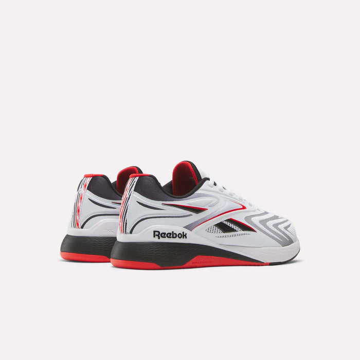 The Reebok Nano X5 Edge Training Shoes are white with black, red, and silver accents, a zigzag pattern, Flexweave upper, and Reebok logos on the side and heel, displayed against a plain white background.