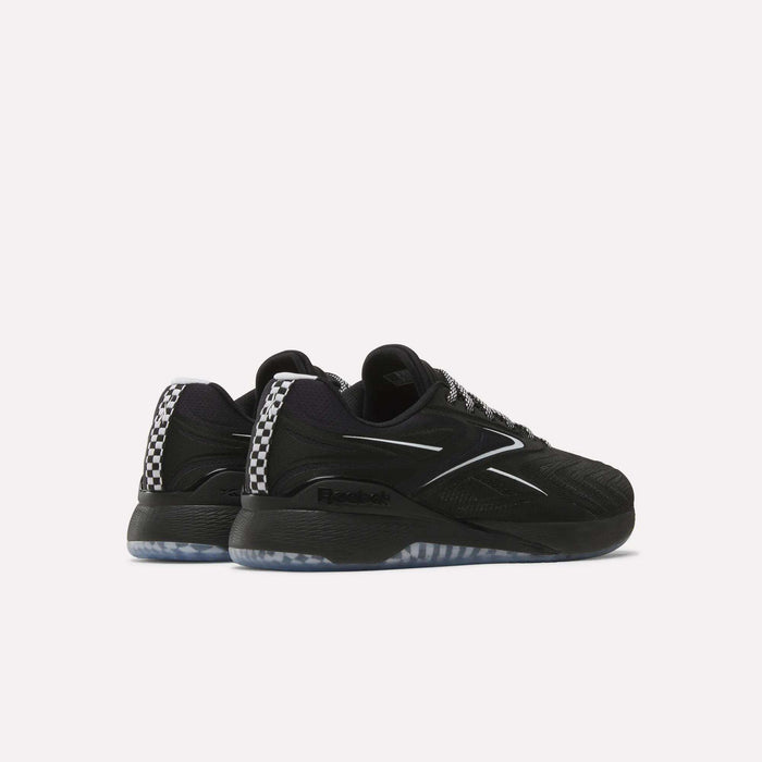 A pair of Reebok Nano X5 Edge Training Shoes in black, featuring white accents and checkerboard heel patterns for enhanced performance, displayed against a white background.