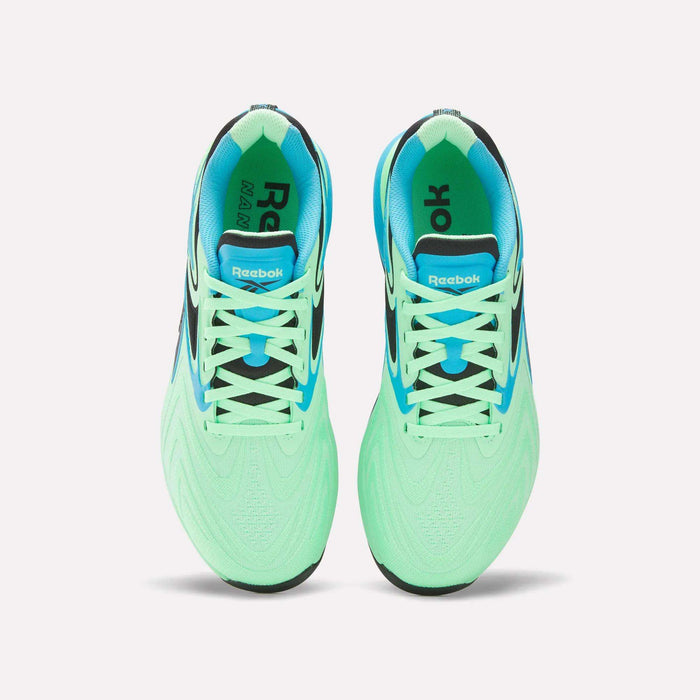 Top view of Reebok Nano X5 Edge Training Shoes in mint green with light blue and black accents, featuring a Flexweave upper, white laces, and the Reebok logo on the tongue and insole.