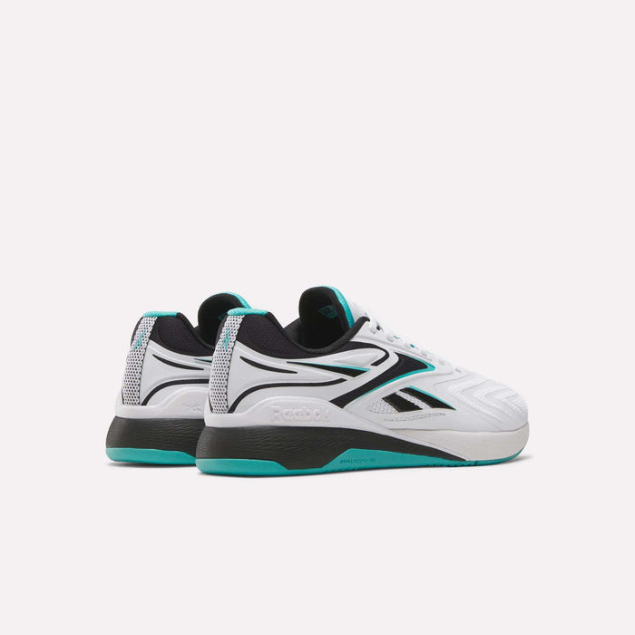 The Reebok Nano X5 Edge Training Shoes in white with black and teal accents are displayed from the back and side angles against a plain white background—ideal for high-performance workouts.