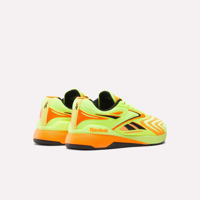 A pair of Reebok Nano X5 Edge Training Shoes in yellow and orange, designed with Flexweave for durability and performance.