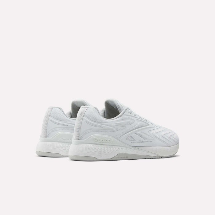 A pair of white Reebok Nano X5 Edge Training Shoes with textured side panels and a chunky sole, designed for precision training, are positioned side by side facing left on a plain white background.