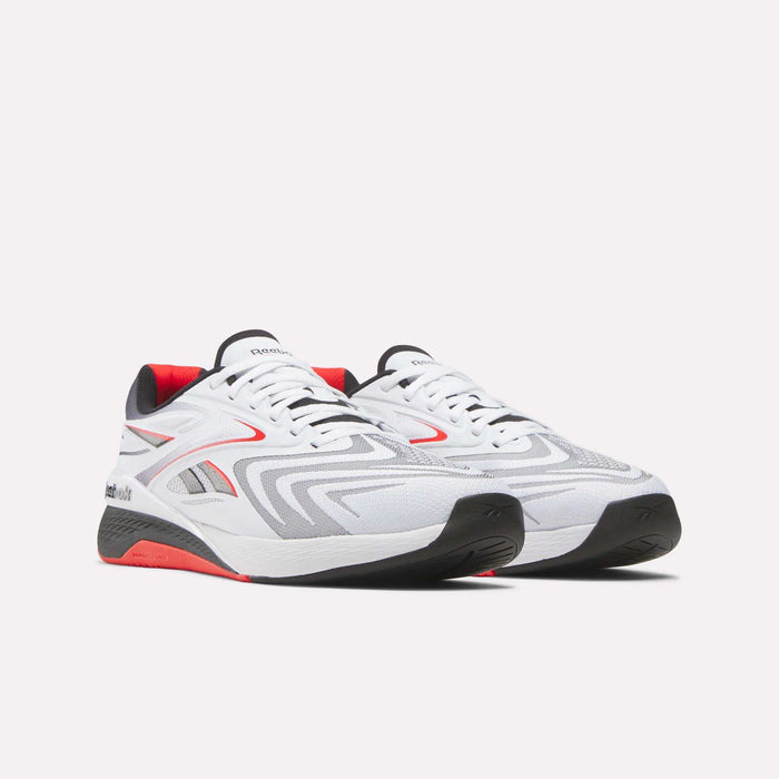 A pair of Reebok Nano X5 Edge Training Shoes in white with silver and red accents, black sole detailing, Flexweave material, and Reebok branding on the side and tongue, displayed against a plain light background.
