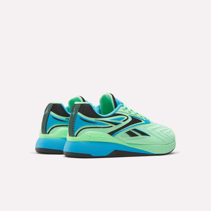 A pair of Reebok Nano X5 Edge Training Shoes in vibrant green with blue and black accents, featuring Flexweave technology, shown from back and side angles on a plain white background.