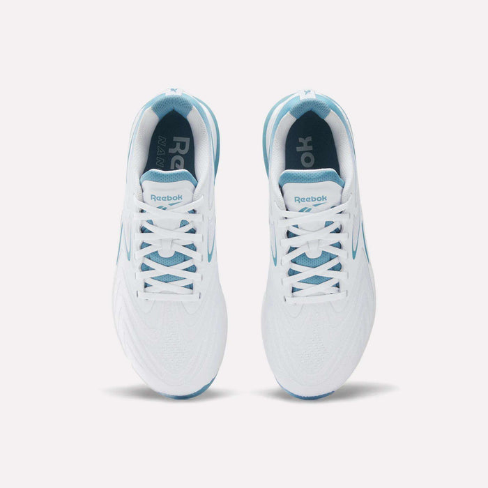 Top view of Reebok Nano X5 Edge Training Shoes in white with blue accents, white laces, and Flexweave mesh at the toe, shown side by side on a plain white background.