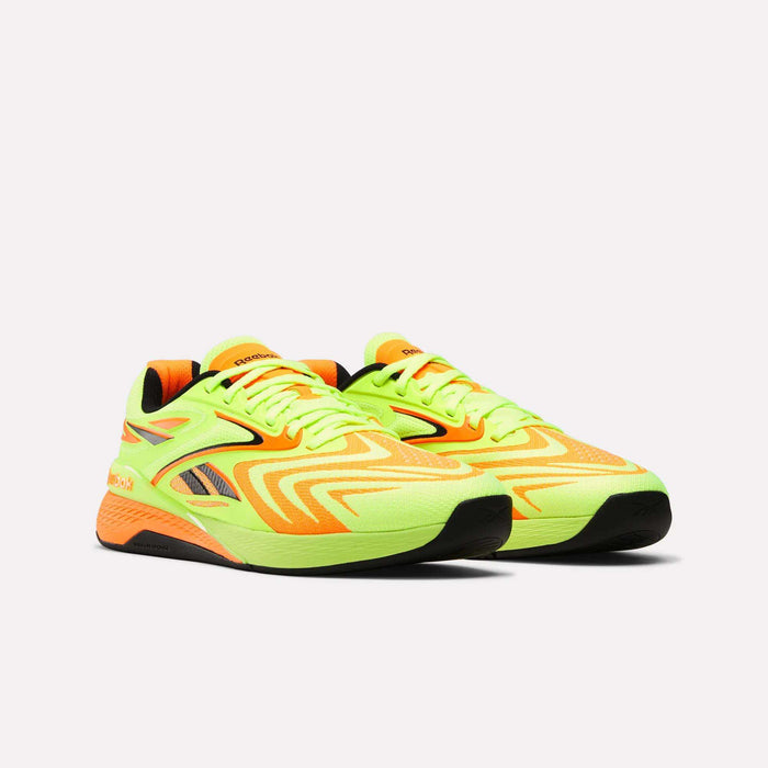 Reebok Nano X5 Edge Training Shoes in neon yellow and orange with black soles and Flexweave accents, showcased on a plain white background.