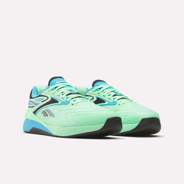 The Reebok Nano X5 Edge Training Shoes in mint green with black and blue accents feature a Flexweave upper, chunky soles, and a modern design, shown against a plain white background.