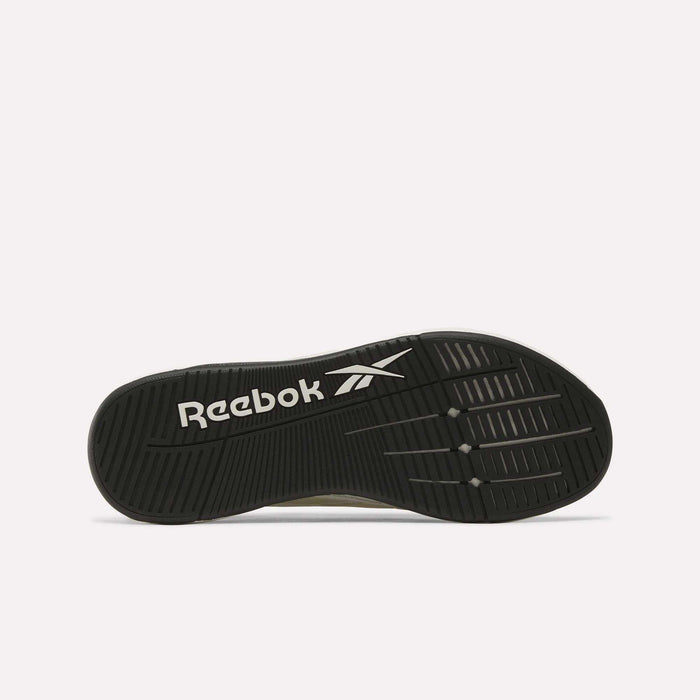 A black sole of the Reebok Nano X5 Edge Training Shoes, showcasing the white Reebok logo and vector, with grooved tread patterns for traction and Flexweave technology, photographed against a plain white background.