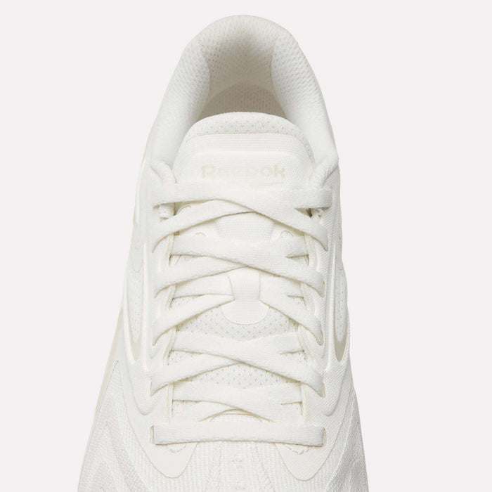 Top view of the Reebok Nano X5 Edge Training Shoes in white with white laces, a textured upper, and a subtle Reebok logo on the tongue—engineered for performance-driven training sessions.