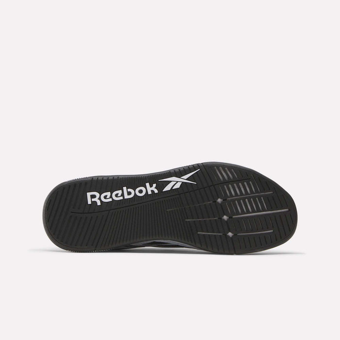 The black sole of the Reebok Nano X5 Edge Training Shoes displays a white Reebok logo and vector symbol centered on the bottom, with line patterns for grip, shown against a plain white background.