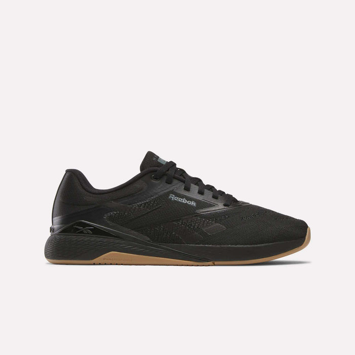 The Reebok Nano X5 Training Shoes for men feature a black mesh upper, black laces, and a tan rubber sole. Shown in side view on a plain white background, these low-profile shoes offer comfort and style for your training needs.