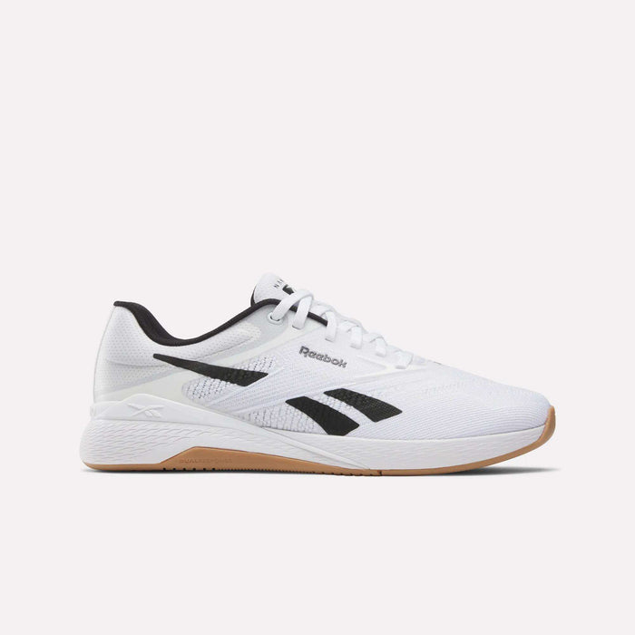 The Reebok Nano X5 Training Shoes feature a white mesh upper, black logo accents, white laces, and a tan rubber sole for comfort and performance, shown against a plain white background.