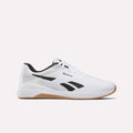The Reebok Nano X5 Training Shoes feature a white mesh upper, black logo accents, white laces, and a tan rubber sole for comfort and performance, shown against a plain white background.
