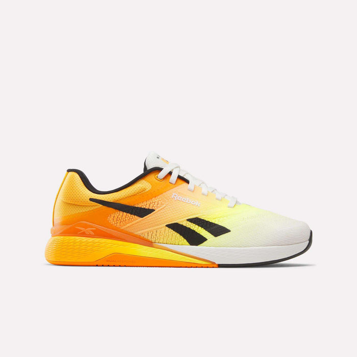 The Reebok Nano X5 Training Shoes feature a white toe fading into yellow and orange toward the heel, black accents, white laces, and a gradient orange sole—iconic men's trainers to elevate your collection.