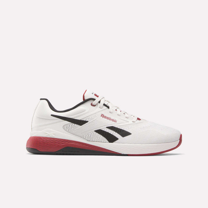 The Reebok Nano X5 Training Shoes feature a white upper with black and red accents, Reebok logos on the side and tongue, a black midsole, and red outsole—ideal men's footwear for top athletic performance.