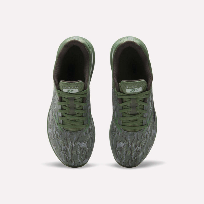 Top view of Reebok Nano X5 Training Shoes for men with green patterned uppers, matching laces, and dark green interiors—these stylish and comfortable pairs are shown side by side on a plain white background.