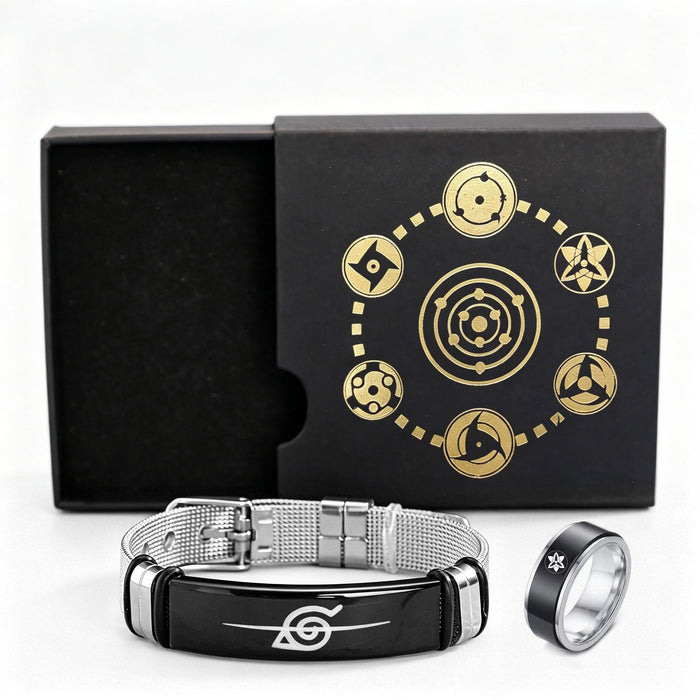 Naruto Sasuke Uchiha Sharingan Jewelry Set, Anime Bracelet & Ring Gift Box