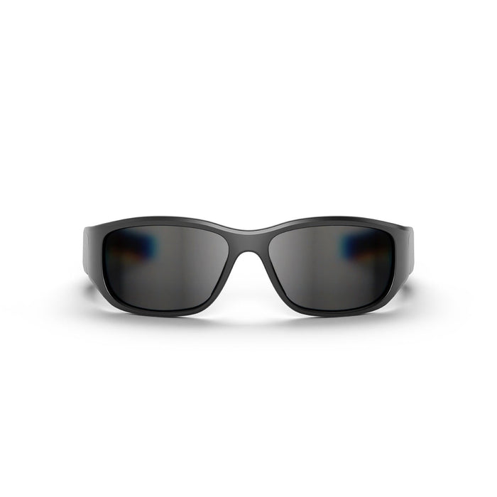 Reebok Nitrous Smart Audio Sunglasses shown front-on against a white background feature wide, wraparound frames and dark polarized lenses, offering full-coverage eye protection with a sleek curved design.