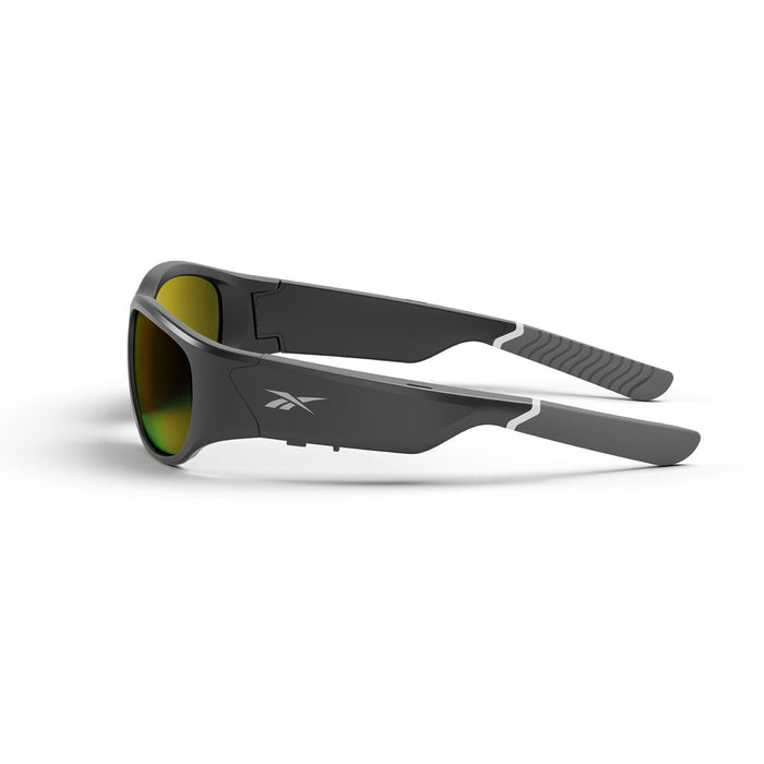 Reebok Nitrous Smart Audio Sunglasses feature a sleek black wraparound design, reflective green polarized lenses, Bluetooth sport glasses tech, textured gray arm accents, and a small white frame logo.