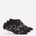 Three pairs of Reebok No-Show Liner Socks, featuring black fabric with white logos and text and moisture-wicking properties, are shown side by side on a white background.