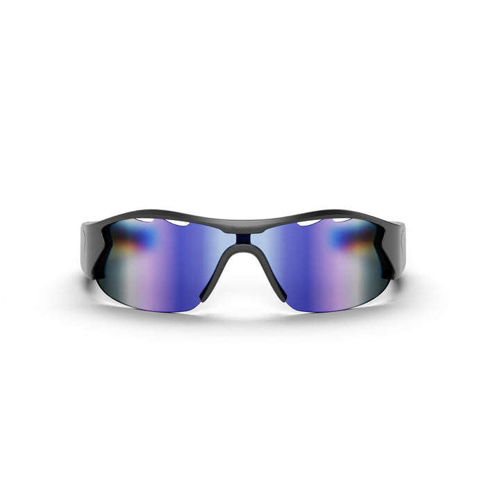 Reebok Octane Smart Audio Sunglasses with blue-purple mirrored polarized lenses and a black frame, displayed front-facing on a white background.