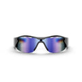 Reebok Octane Smart Audio Sunglasses with blue-purple mirrored polarized lenses and a black frame, displayed front-facing on a white background.