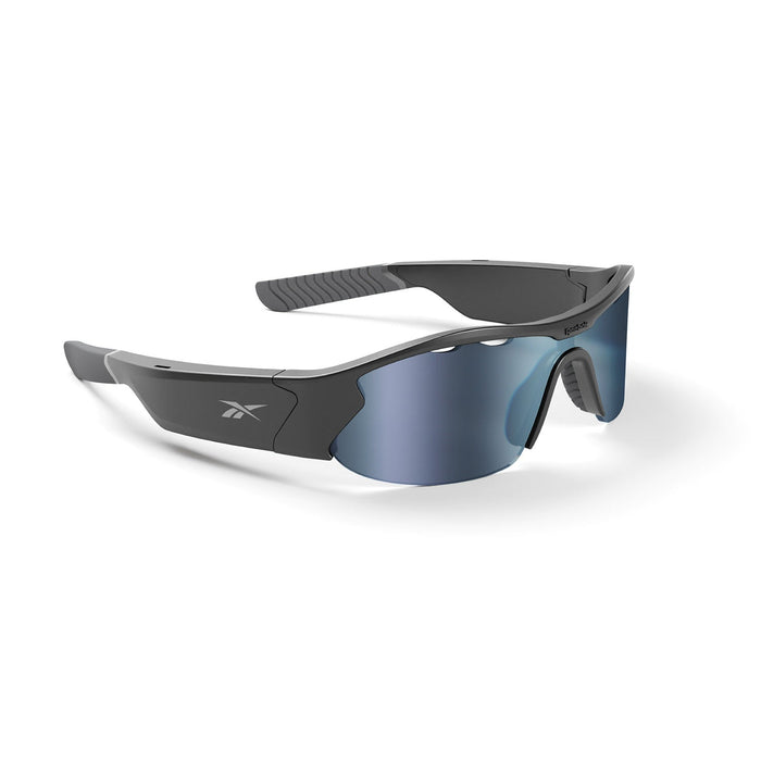 Reebok Octane Smart Audio Sunglasses feature sleek black Bluetooth sport frames with blue mirrored polarized wraparound lenses, thick arms, textured temple grips, and a lightweight design made for athletic use.