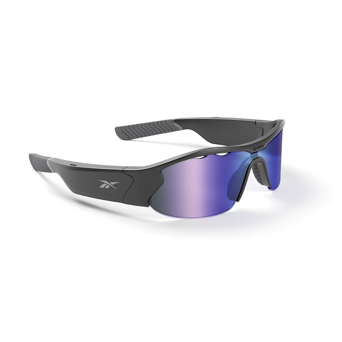 Reebok Octane Smart Audio Sunglasses in sporty black feature blue mirrored polarized lenses, a wraparound design, and textured arms for grip, photographed on a white background.