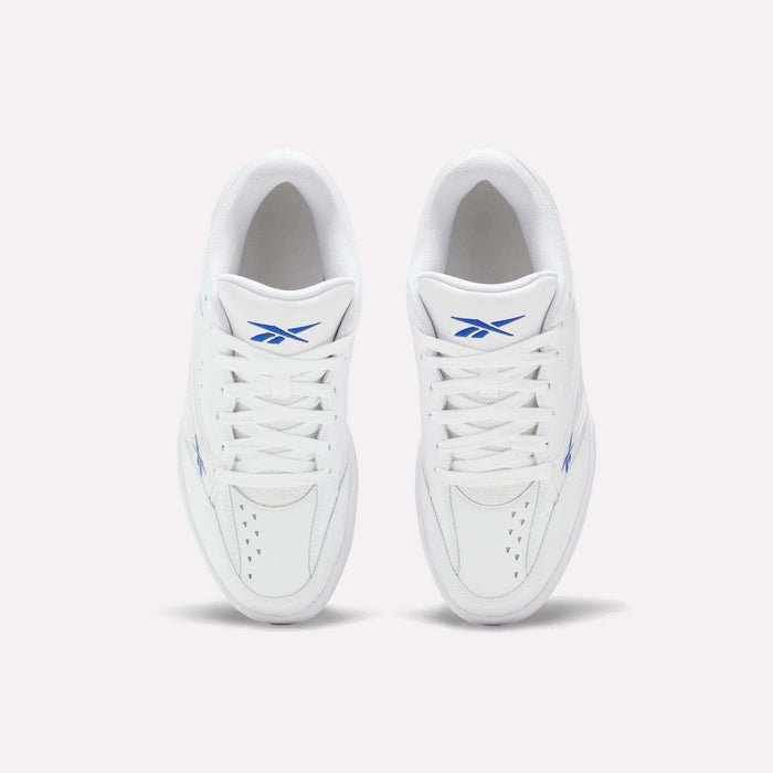 A pair of Reebok Omni Edge Shoes in white, featuring blue logo accents and a premium leather upper inspired by classic basketball styles, are shown from above, positioned side by side on a plain light background.