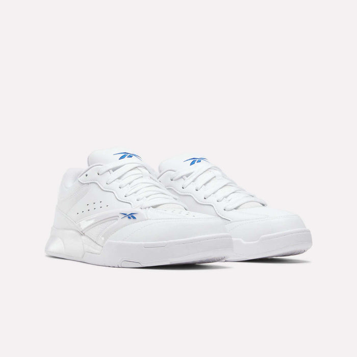 A pair of Reebok Omni Edge Shoes in white with blue logo accents, featuring a leather upper, are displayed side by side on a plain light background. These retro basketball sneakers offer classic style and modern comfort.