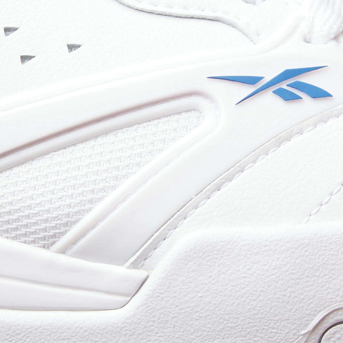 Close-up of the Reebok Omni Edge Shoes, a white sneaker with a leather upper, textured panels, and a blue Reebok logo on the side—drawing inspiration from classic retro basketball shoe designs.