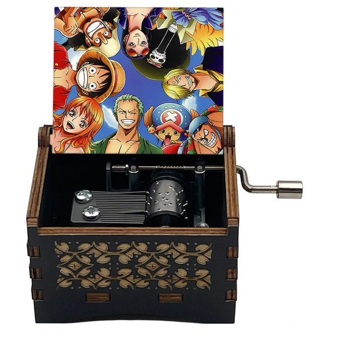 One Piece Luffy Brook Hand Crank Wooden Music Box, Plays Bink's Sake Anime Engraved Musical Gift Box