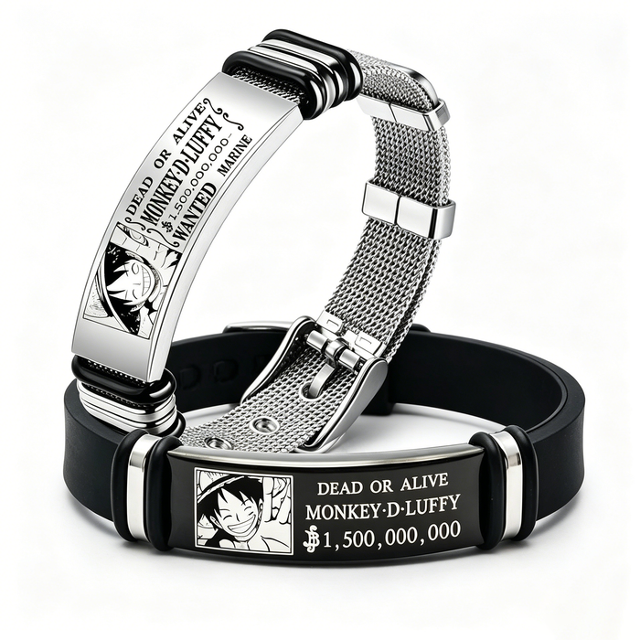 One Piece Luffy Wanted Bounty Bracelet, Monkey D Luffy Anime Stainless Steel Silicone Wristband