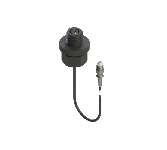 A dark gray threaded industrial sensor adapter with a short black wire and a small silver probe tip