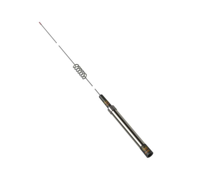 A long, slim metallic tool or accessory with a coiled spring section